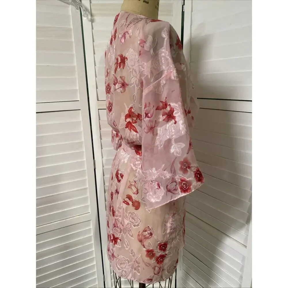 Secret Treasures Pink Floral Belted Robe Kimono Sheer Chiffon Jacquard Sz Small